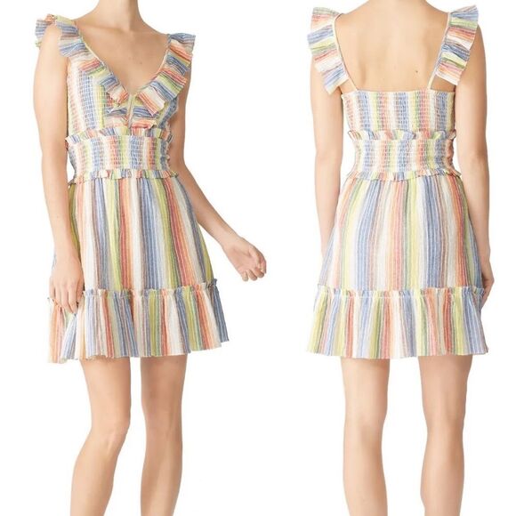 Saylor Rainbow Stripe Alma Ruffle Trim Smocked Mini Dress Sz XL - Picture 1 of 16
